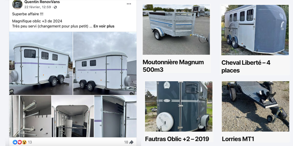 Les vans et remorques d'occasions. Montage de captures d'écrans d'une annonce Facebook d'un van, de 2 vans (Cheval Liberté et Fautras), d'une moutonnière de Magnum Remorques et d'un porte-motos Lorries MT1