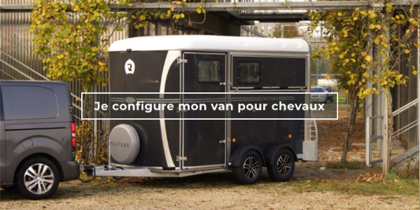 Photo d'un camion tractant un van Fautras. Texte : "Je configure mon van pour chevaux"