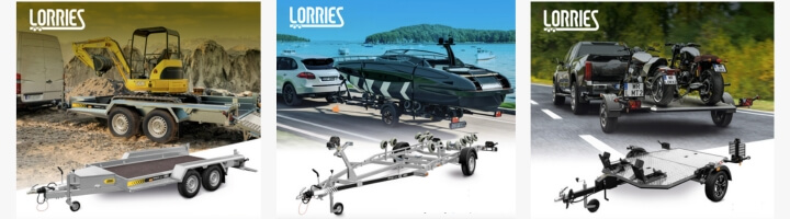 Images présentants les produits Lorries : porte min-pelles, remorque de bateau et porte motos
