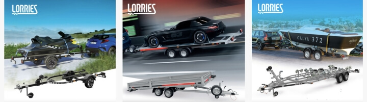 Images présentants les produits Lorries : porte jet-ski, plateau voiture et remorque de bateau